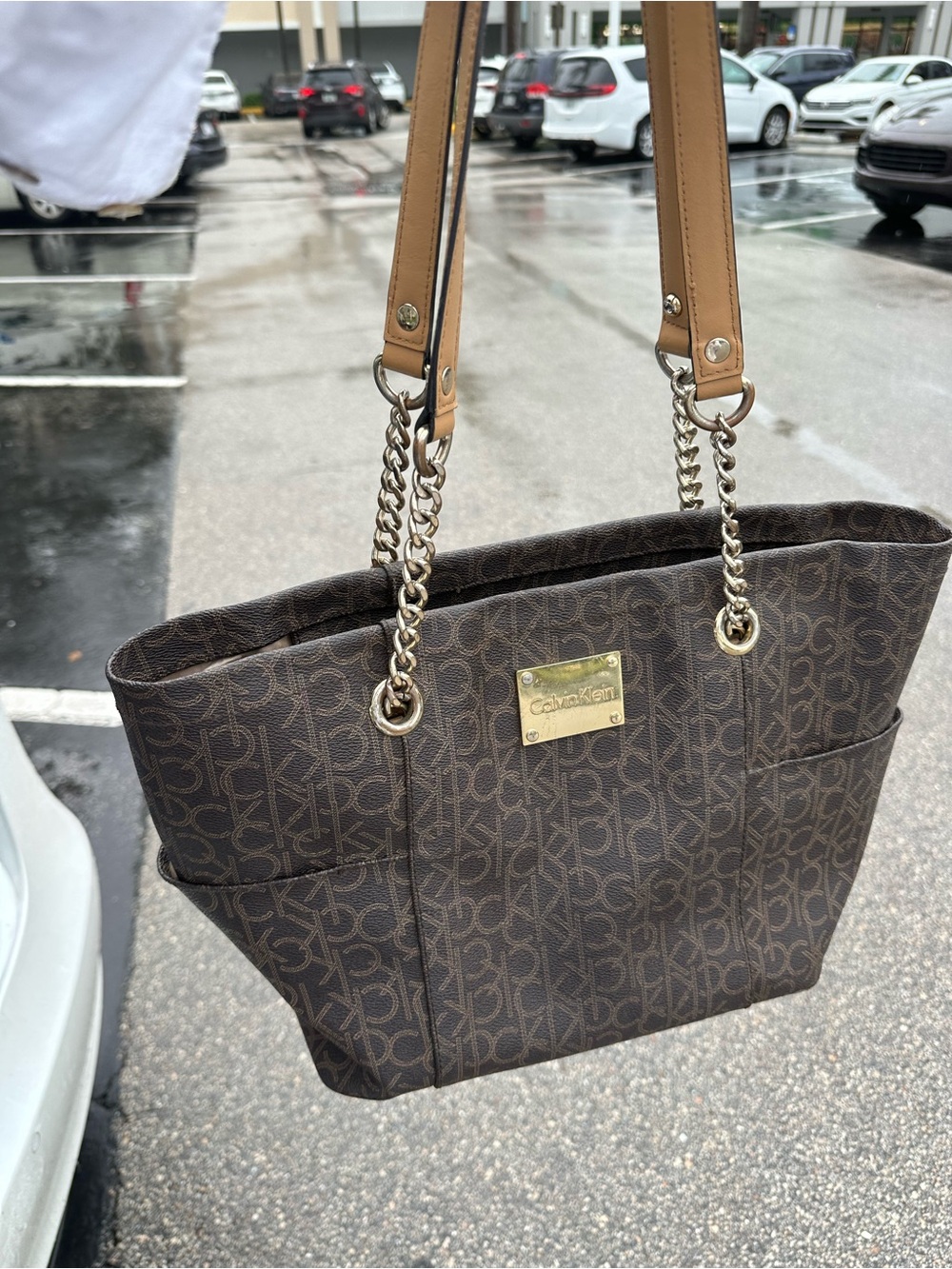 Calvin Klein Dark Brown Logo Chain-Handle Tote